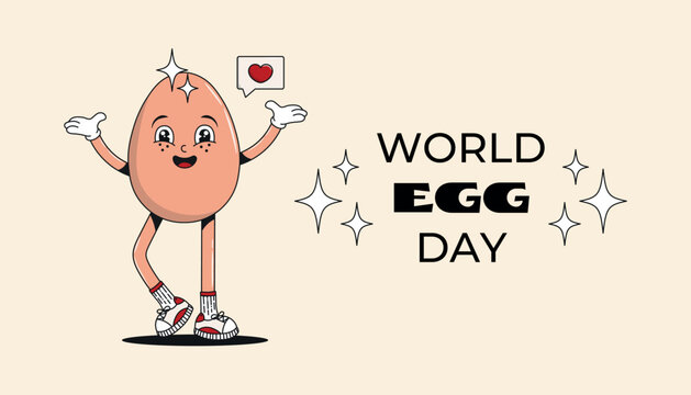 Funky groovy vector illustration for World Egg Day. Banner with smiling egg retro cartoon character, mascot for posters, cards, website and social media.