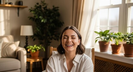 Fototapeta premium Woman Laughs Joyfully in Sunlit Home Office, Surrounded by Plants