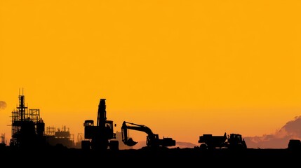 Construction equipment silhouetted at sunset industrial site photography urban environment landscape view machinery concept