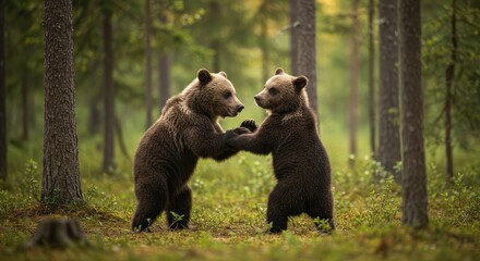 Obraz premium Two young brown bears standing on their hind legs in a forest, facing each other