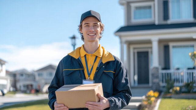 Delivery service action smiling courier with package at residential home outdoor setting bright day