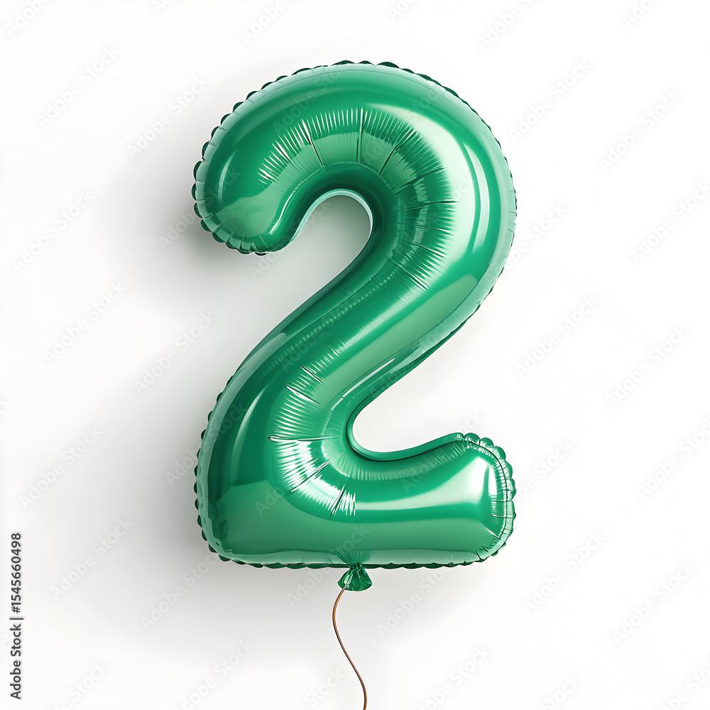 Fototapete a balloon shaped like the number 2,emerald green metallic finish with realistic reflections and smoo