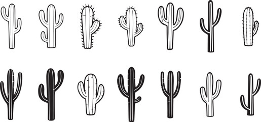 Cactus Illustration Collection Featuring Unique Styles, Shapes, and Inked Details for Desert Botanical Design Concepts.