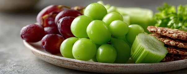 Hydrating fruits remedy by vegetables and grains concept. Fresh fruits and healthy snacks on a ceramic plate.