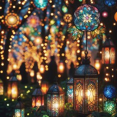 Obraz premium Bokeh with stained glass and lanterns in forest—light spots fr