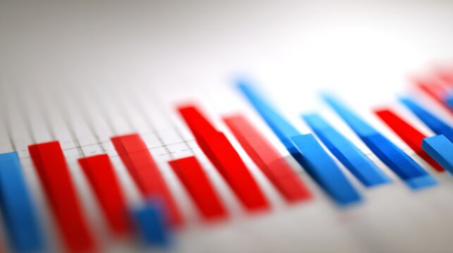 Close-up of red and blue bar chart representing political polling data, election results or voting statistics. Political analysis, democratic process and public opinion research concept.