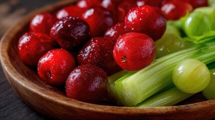 Hydrating fruits remedy by vegetables and grains concept. Fresh, vibrant fruits and vegetables arranged on wooden plate.