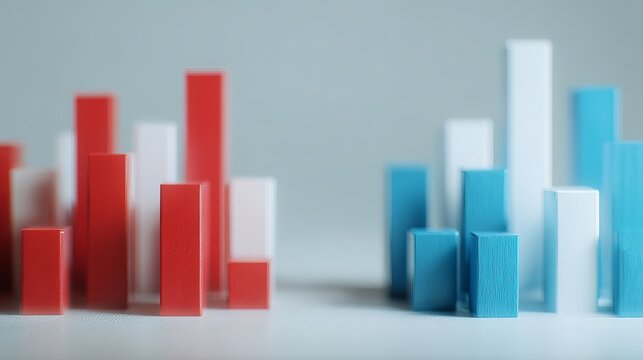 Close-up of red and blue bar chart representing political polling data, election results or voting statistics. Political analysis, democratic process and public opinion research concept.