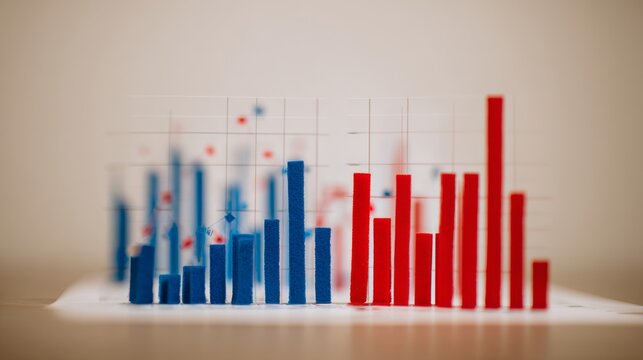 Close-up of red and blue bar chart representing political polling data, election results or voting statistics. Political analysis, democratic process and public opinion research concept.