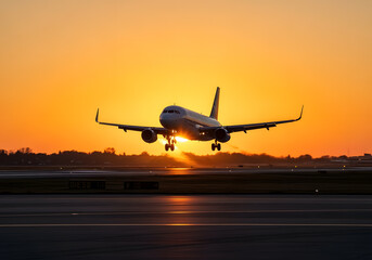 Fototapeta premium Airplane landing at sunset, low angle view of a commercial jetliner approaching the runway during golden hour, with motion blur effect on the tarmac
