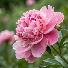 A close-up of a beautiful pink peony flower with delicate, layered petals, surrounded by green leaves and a closed bud in the background.