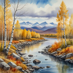 Watercolor of the Abisko Valley in Swedish Lapland during autumn, with golden birch trees along a crystal-clear river and distant snow-dusted mountains beneath a pale Arctic sky.