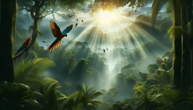 Misty rainforest canopy sunbeams parrots in flight ultra realist - Powered by Adobe