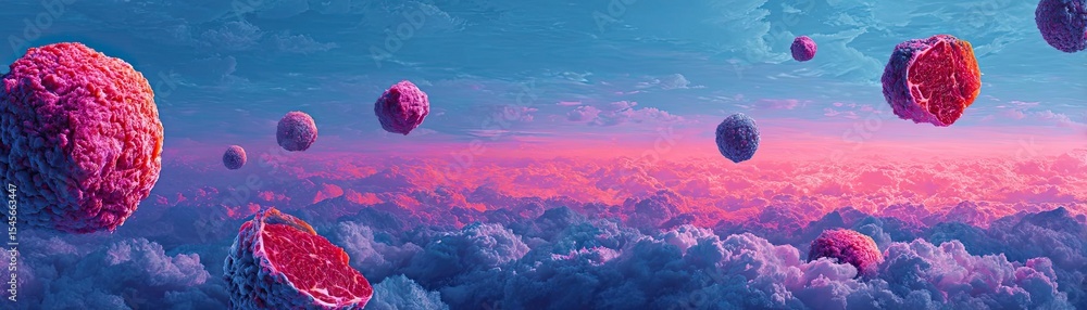 Aufkleber avoid red meat with celery and vegetables concept. abstract depiction of cells in a colorful sky lan