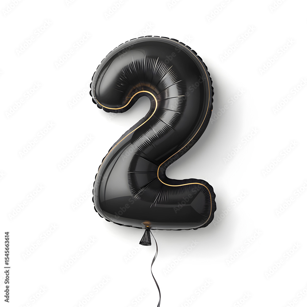 Fototapete a balloon shaped like the number 2,matte black metallic finish with realistic reflections and smooth