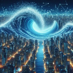 Obraz premium Digital tsunami wave—AI generated wave of pixels crashing over