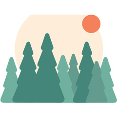 Minimalist Vector SVG Illustration of Coniferous Trees with Sun in Modern Flat Style for Nature Themed Design