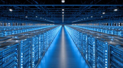 Overhead View of Massive Data Center Floor with Blue Lighting