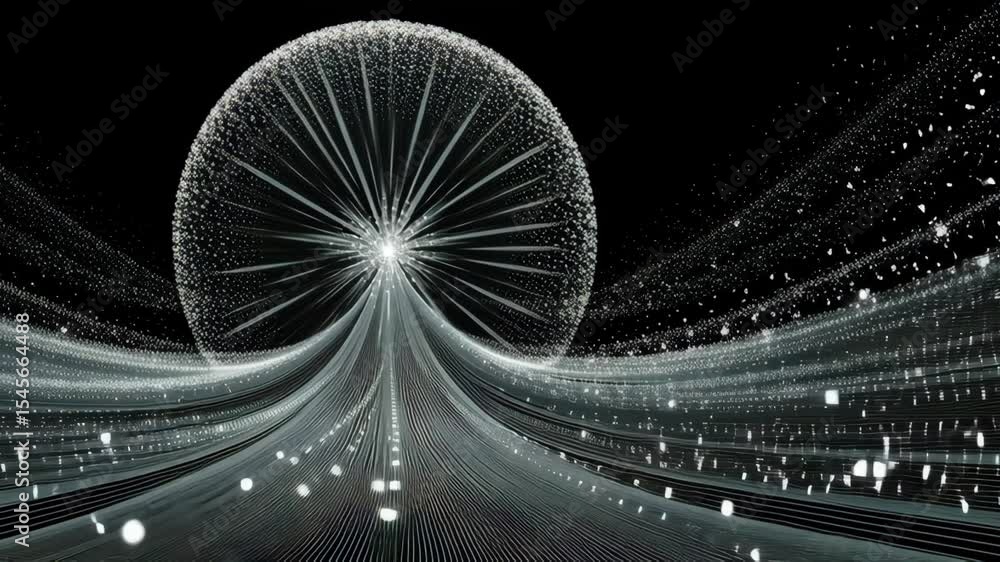 Poster glowing wireframe sphere pulses in the dark, symbolizing futuristic data networks, artificial intell