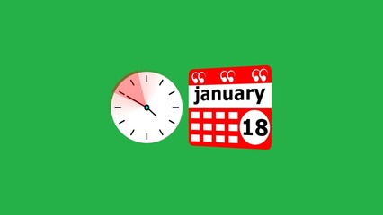 January month 18 date calendar icon  and  black color clock 4k illustration. Digital calendar month concept design on deep green background.