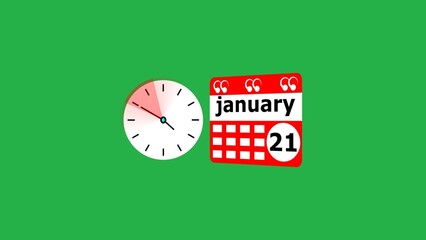 January month 21 date calendar icon  and  black color clock 4k illustration. Digital calendar month concept design on deep green background.