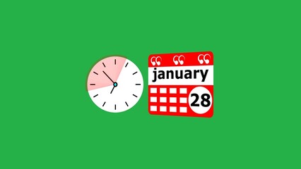 January month 28 date calendar icon  and  black color clock 4k illustration. Digital calendar month concept design on deep green background.