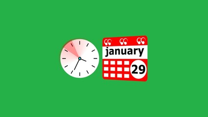 January month 29 date calendar icon  and  black color clock 4k illustration. Digital calendar month concept design on deep green background.