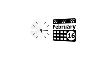 Fototapeta premium February month 16 date calendar icon and black color clock 4k illustration. Digital calendar month concept design on White background.