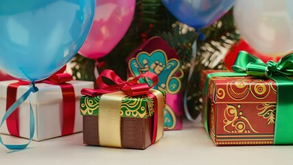 Festive scene with gift boxes and colorful balloons celebrating special occasions - Powered by Adobe