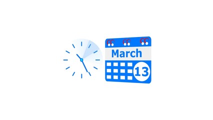 March month 13 date calendar icon  and  royal blue color clock 4k illustration. Digital calendar month concept design on White background.