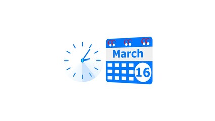 March month 16 date calendar icon  and  royal blue color clock 4k illustration. Digital calendar month concept design on White background.