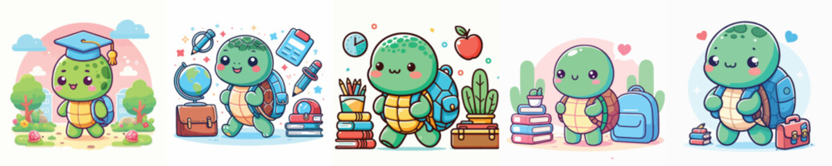 cute turtle vector going to school