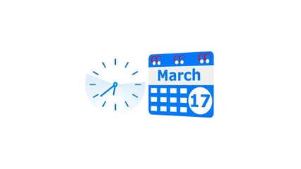 March month 17 date calendar icon  and  royal blue color clock 4k illustration. Digital calendar month concept design on White background.