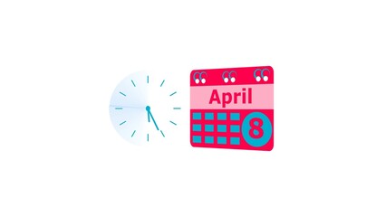 April month 8 date calendar icon  and  magenta red color clock 4k illustration. Digital calendar month concept design on White background.