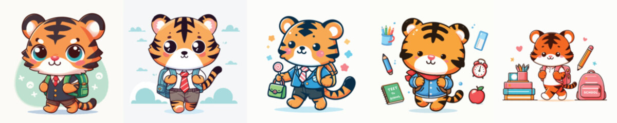 cute tiger vector going to school