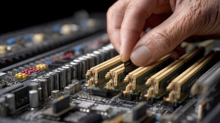 Macro Shot of RAM Module Being Installed in Computer Motherboard