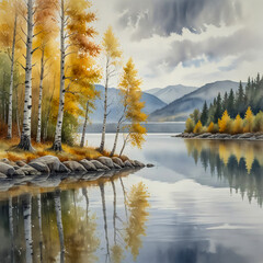 Watercolor of the Lake Turgoyak shoreline in Russia during fall, with golden birch trees reflecting in calm, crystal-clear water and distant forested hills under a soft gray sky.