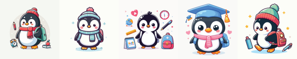 cute penguin vector going to school