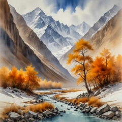 Ethereal watercolor of the Lahaul Valley in the Indian Himalayas, where golden poplars and rust-colored shrubs glow against barren cliffs and snow-kissed peaks.