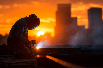 A welder working on a construction site during sunset, welding a steel girder