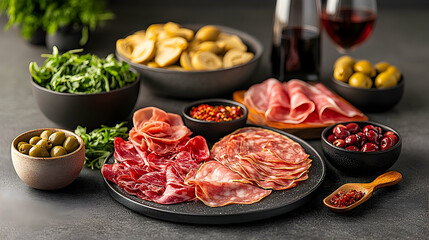 Artisan cured meats and olives food photography