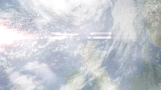 Earth zoom in from space and focus on Stornoway, Scotland, Western Isles, Great Britain. Background for travel intro or blog. Satellite view. 3D style Animation. Images from NASA.
