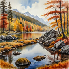 Watercolor of the Valbona Valley in northern Albania during autumn, with dramatic peaks rising above a river lined with orange and crimson trees glowing in afternoon light.