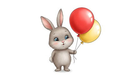 可愛いウサギが赤黄風船持ち 幸せな瞬間 水彩画風イラスト. AI Generated