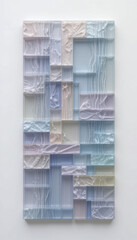Obraz premium This features modern abstract art piece composed of layered, translucent panels in pastel shades of blue, pink, and beige. geometric arrangement creates textured, three dimensional effect