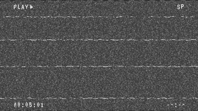VHS play timecode with noise line. VHS effect, noise, and artifacts, glitches from an old cassette.  4k stock video animation on grey background