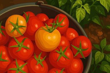 The image shows a bucket full of freshly harvested tomatoes, prominently featuring vibrant red and orange-yellow fruits with healthy green stems. The tomatoes are smooth and glossy, reflecting light t