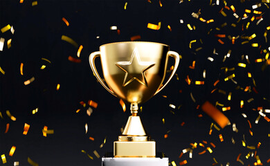 Gold star trophy with confetti explosion
