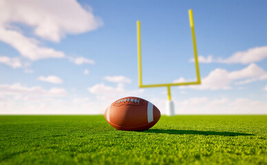 Rugby ball with rugby posts on field