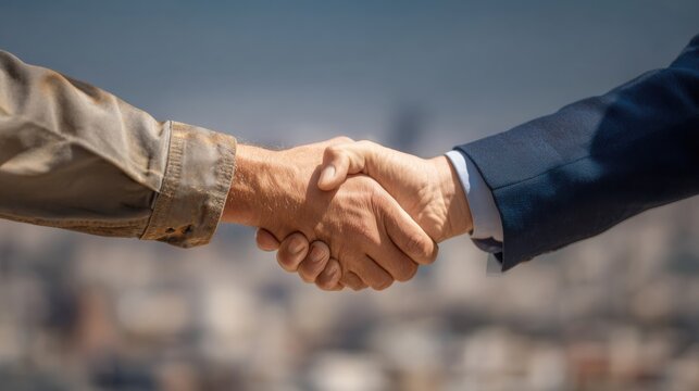 Business partnership agreement urban setting professional photography corporate environment close-up trust building